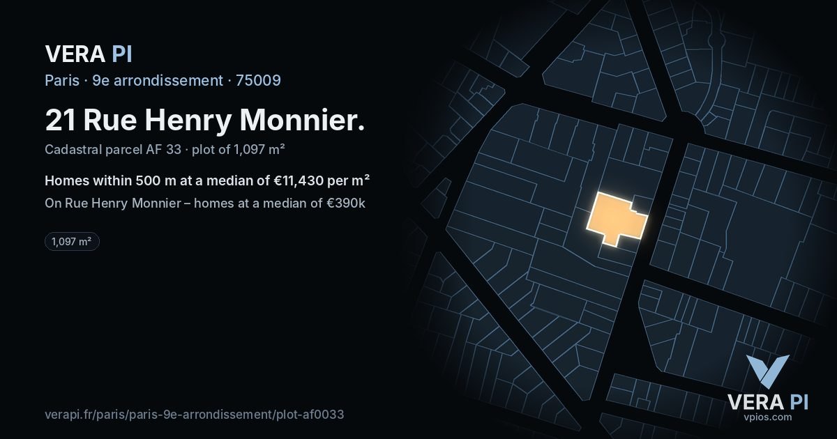 21 Rue Henry Monnier, 9e arrondissement at night – the plot lit, the parcels around coloured by the prices near them