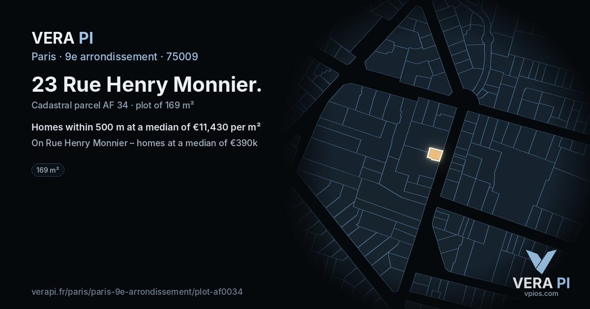 23 Rue Henry Monnier, 9e arrondissement at night – the plot lit, the parcels around coloured by the prices near them
