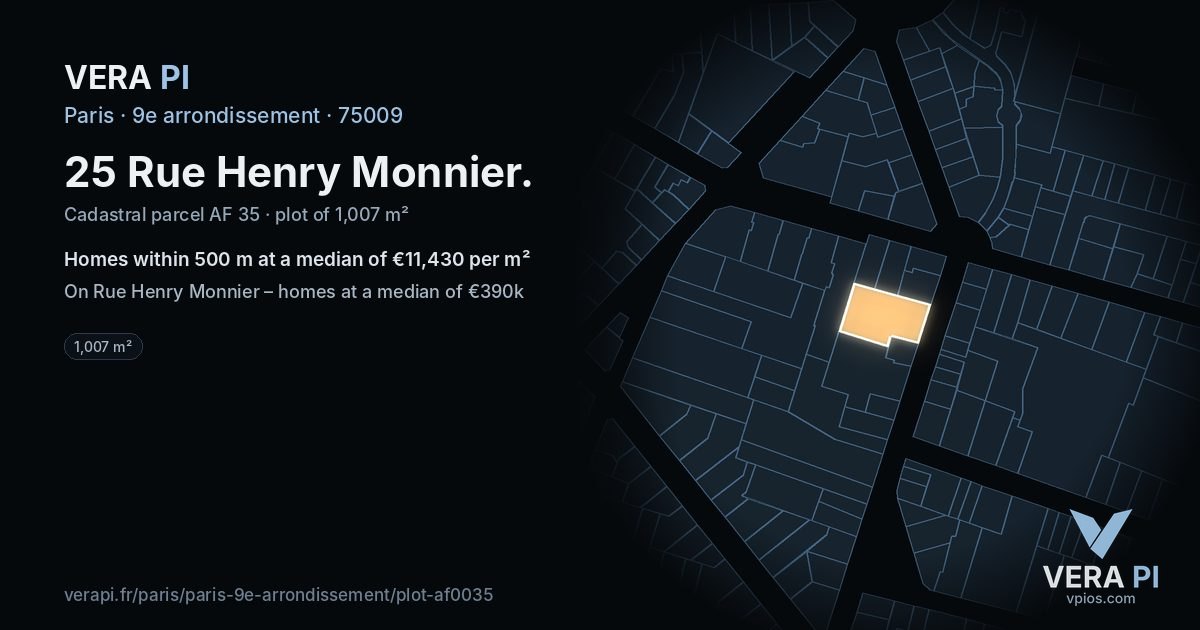 25 Rue Henry Monnier, 9e arrondissement at night – the plot lit, the parcels around coloured by the prices near them