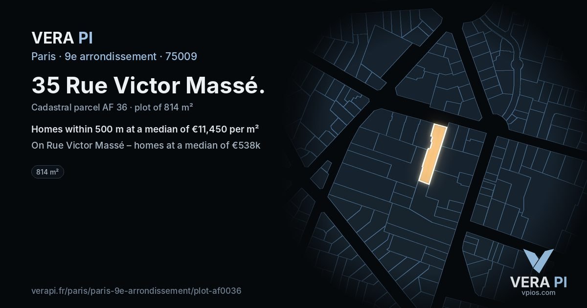 35 Rue Victor Massé, 9e arrondissement at night – the plot lit, the parcels around coloured by the prices near them