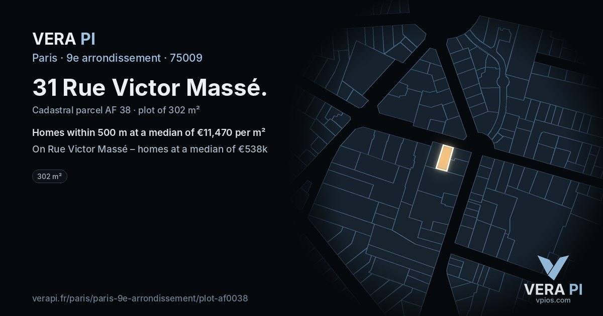 31 Rue Victor Massé, 9e arrondissement at night – the plot lit, the parcels around coloured by the prices near them