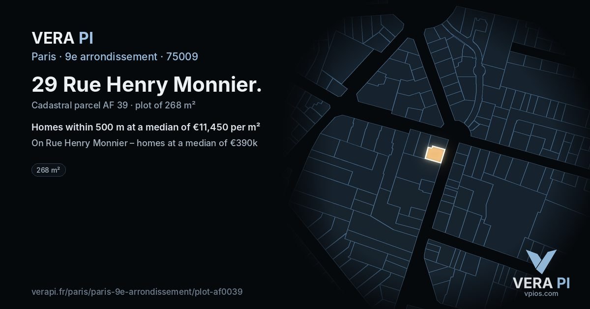 29 Rue Henry Monnier, 9e arrondissement at night – the plot lit, the parcels around coloured by the prices near them