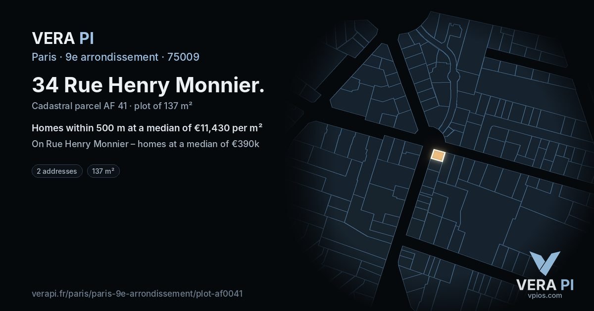 34 Rue Henry Monnier, 9e arrondissement at night – the plot lit, the parcels around coloured by the prices near them