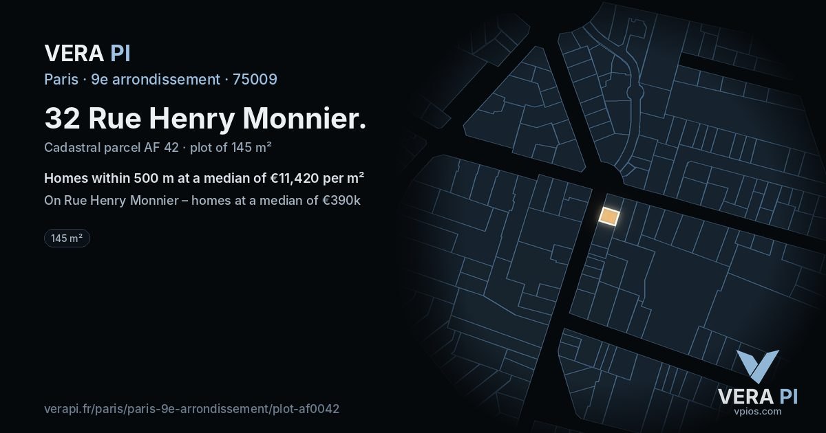 32 Rue Henry Monnier, 9e arrondissement at night – the plot lit, the parcels around coloured by the prices near them