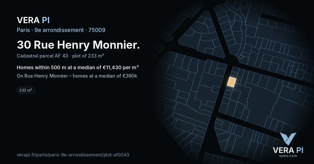 30 Rue Henry Monnier, 9e arrondissement at night – the plot lit, the parcels around coloured by the prices near them