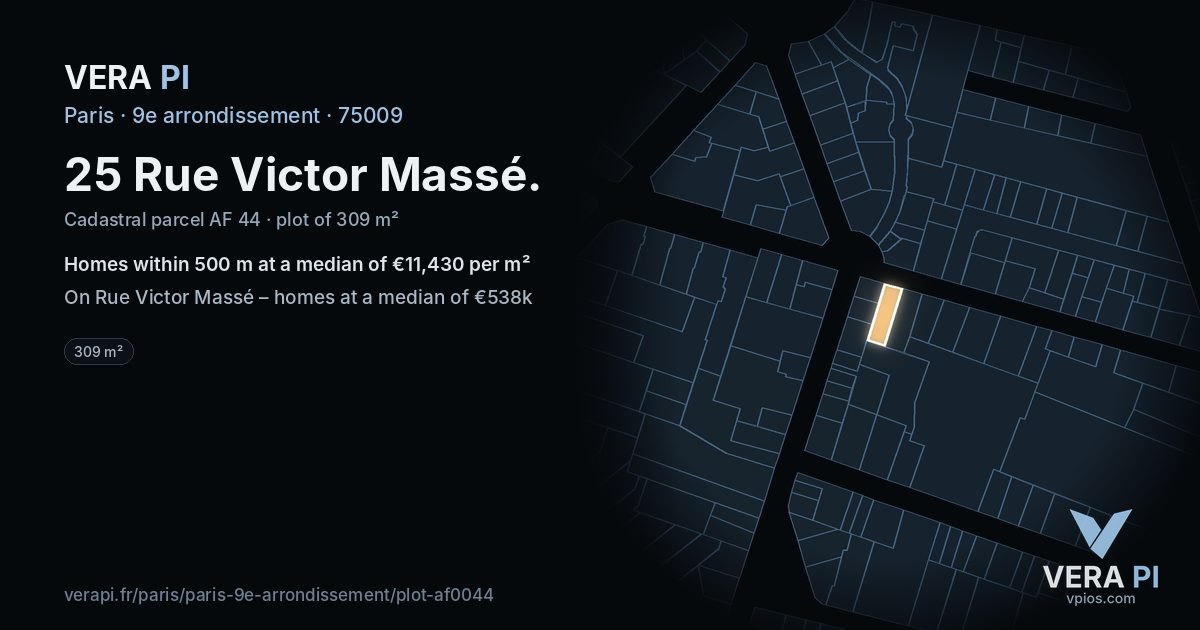 25 Rue Victor Massé, 9e arrondissement at night – the plot lit, the parcels around coloured by the prices near them