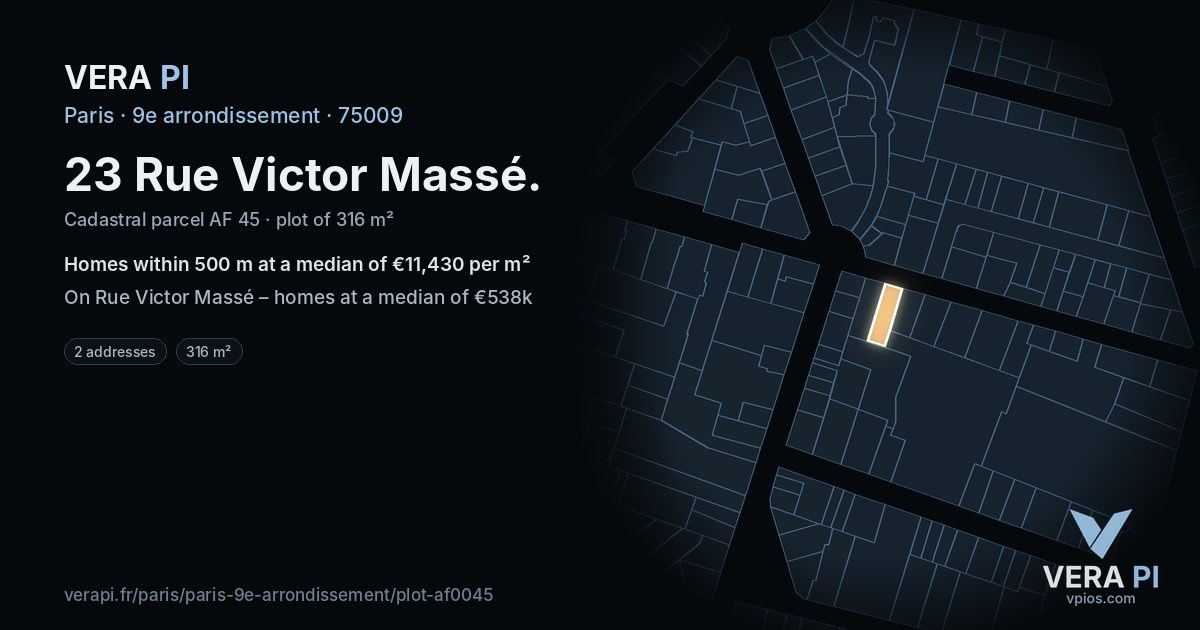 23 Rue Victor Massé, 9e arrondissement at night – the plot lit, the parcels around coloured by the prices near them