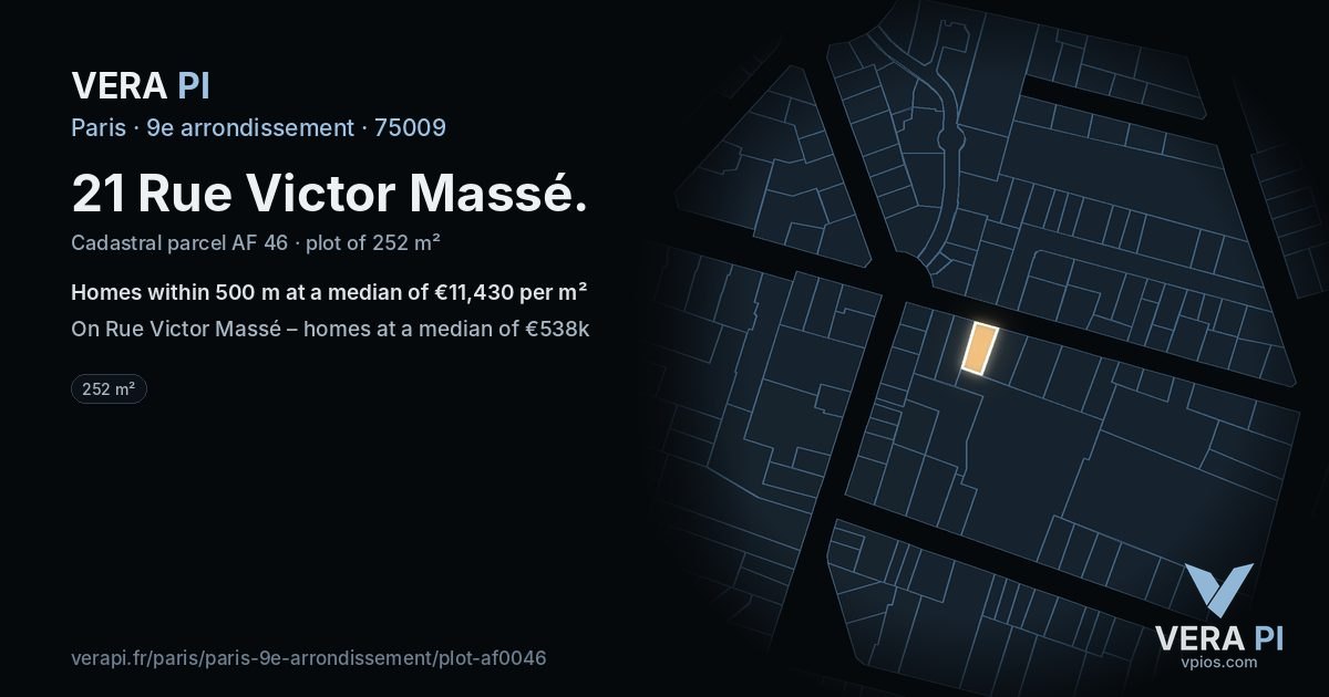 21 Rue Victor Massé, 9e arrondissement at night – the plot lit, the parcels around coloured by the prices near them