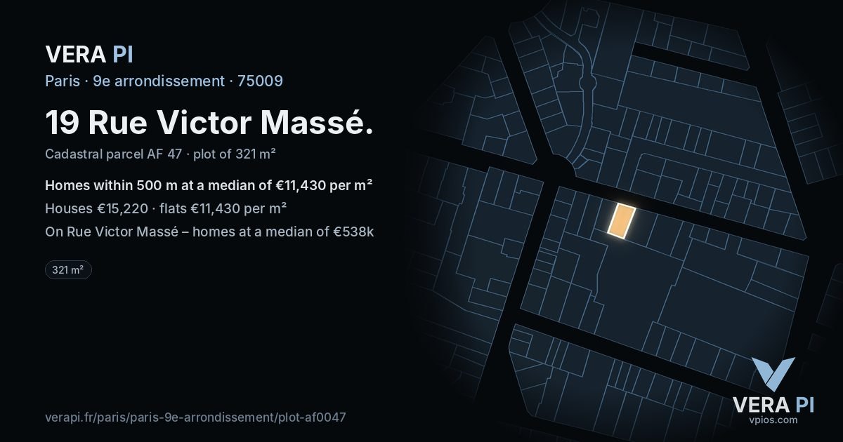 19 Rue Victor Massé, 9e arrondissement at night – the plot lit, the parcels around coloured by the prices near them