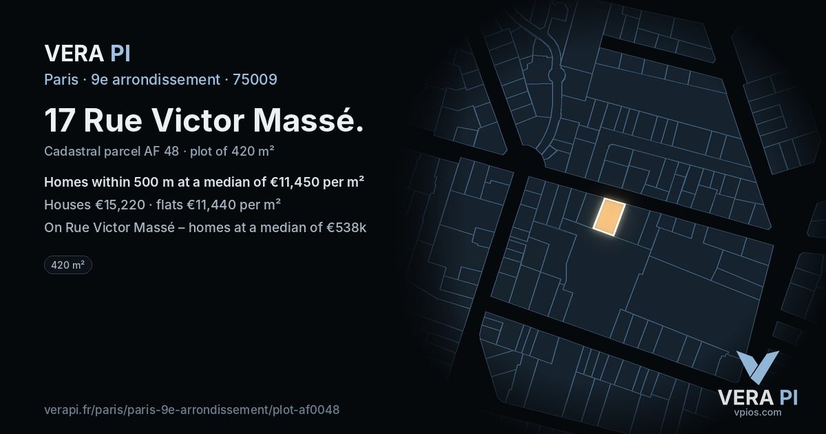 17 Rue Victor Massé, 9e arrondissement at night – the plot lit, the parcels around coloured by the prices near them