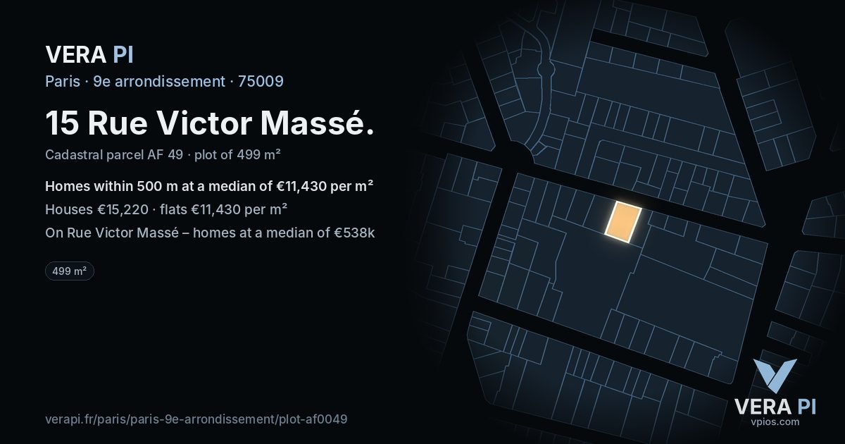 15 Rue Victor Massé, 9e arrondissement at night – the plot lit, the parcels around coloured by the prices near them