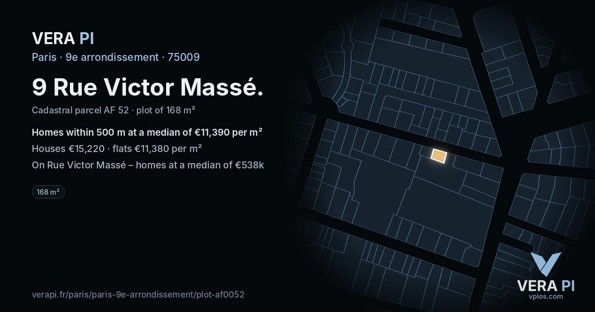 9 Rue Victor Massé, 9e arrondissement at night – the plot lit, the parcels around coloured by the prices near them