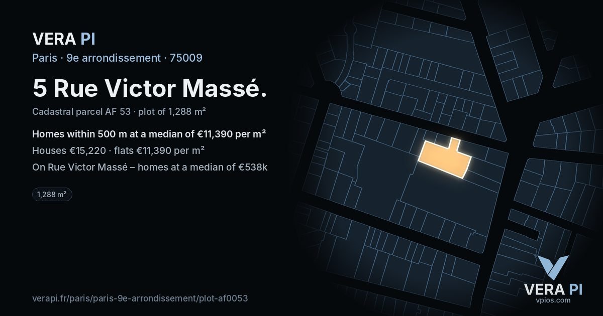 5 Rue Victor Massé, 9e arrondissement at night – the plot lit, the parcels around coloured by the prices near them