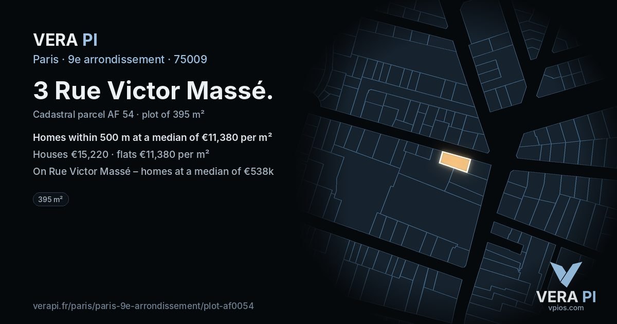 3 Rue Victor Massé, 9e arrondissement at night – the plot lit, the parcels around coloured by the prices near them