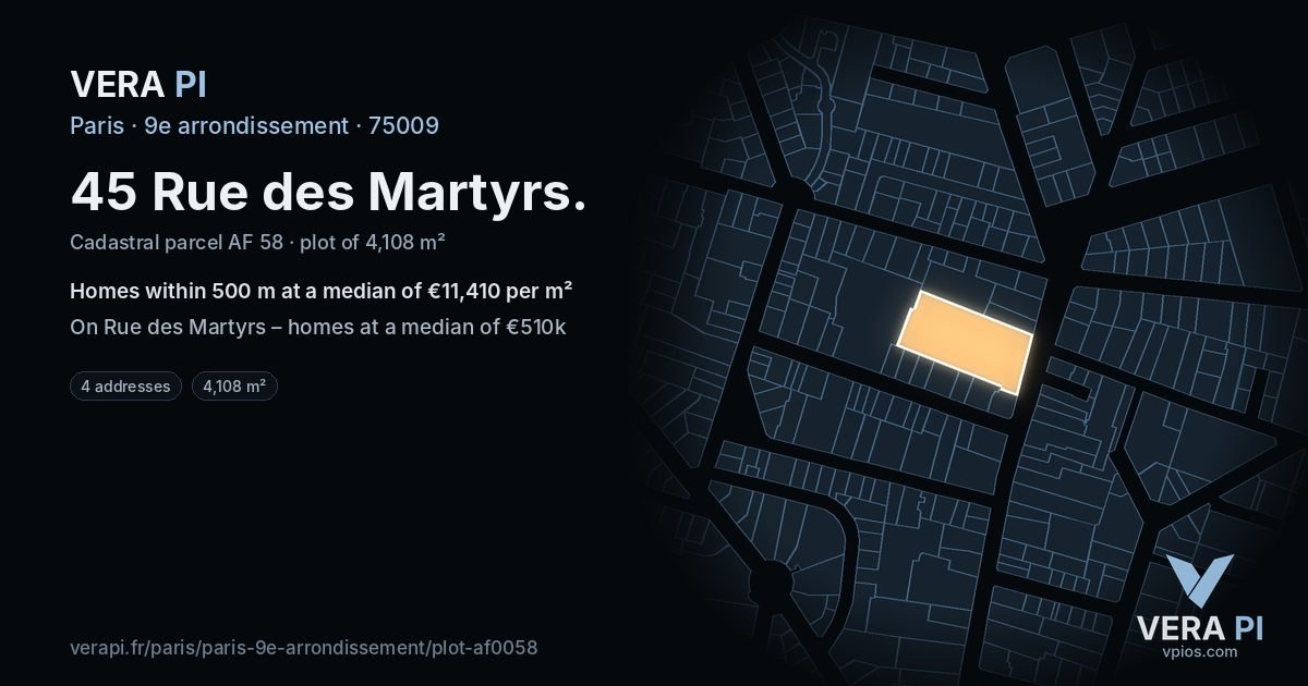 45 Rue des Martyrs, 9e arrondissement at night – the plot lit, the parcels around coloured by the prices near them