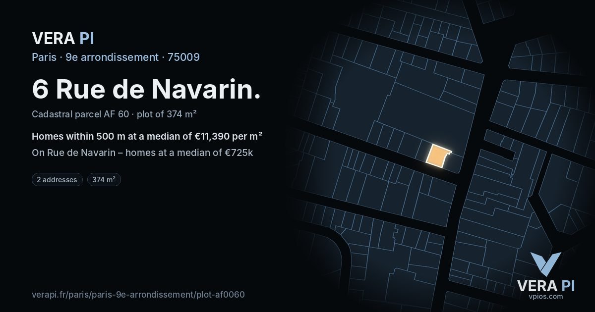 6 Rue de Navarin, 9e arrondissement at night – the plot lit, the parcels around coloured by the prices near them