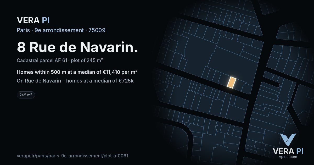 8 Rue de Navarin, 9e arrondissement at night – the plot lit, the parcels around coloured by the prices near them