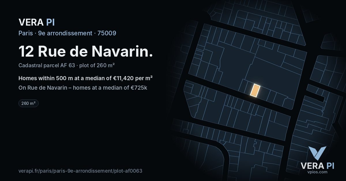 12 Rue de Navarin, 9e arrondissement at night – the plot lit, the parcels around coloured by the prices near them