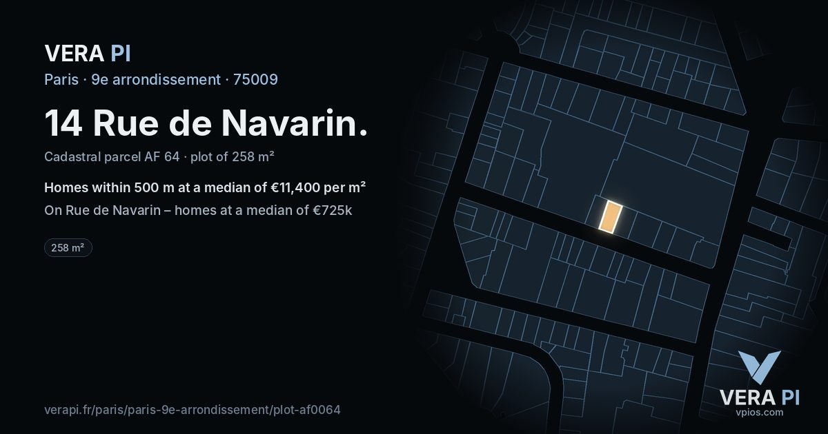 14 Rue de Navarin, 9e arrondissement at night – the plot lit, the parcels around coloured by the prices near them