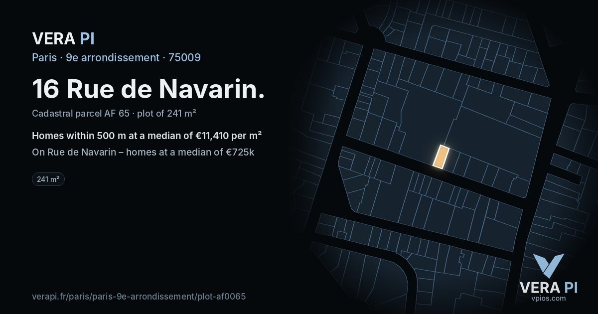 16 Rue de Navarin, 9e arrondissement at night – the plot lit, the parcels around coloured by the prices near them