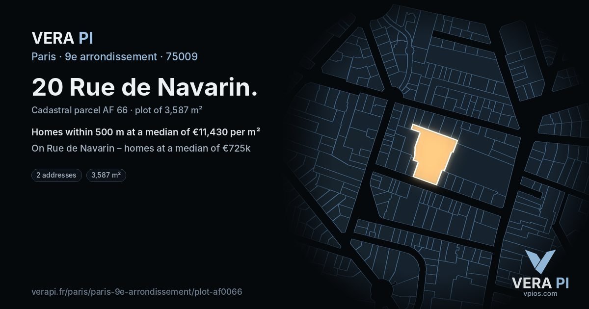 20 Rue de Navarin, 9e arrondissement at night – the plot lit, the parcels around coloured by the prices near them