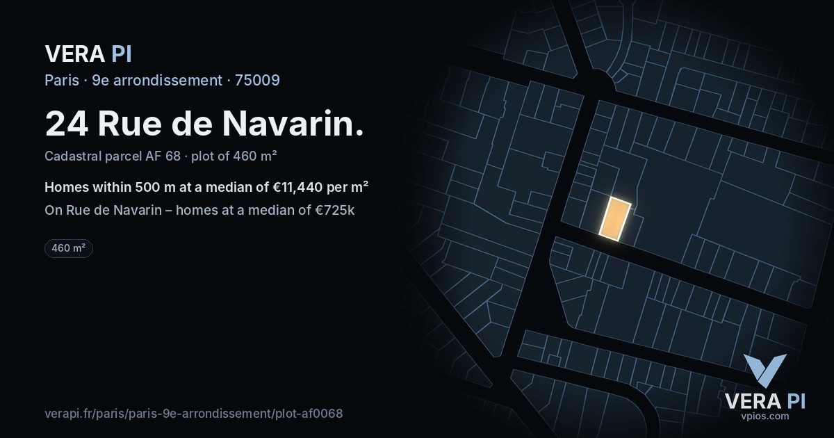 24 Rue de Navarin, 9e arrondissement at night – the plot lit, the parcels around coloured by the prices near them