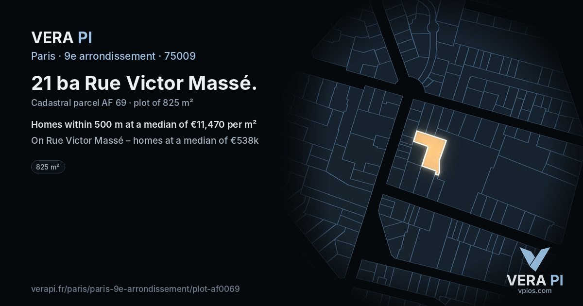 21 ba Rue Victor Massé, 9e arrondissement at night – the plot lit, the parcels around coloured by the prices near them