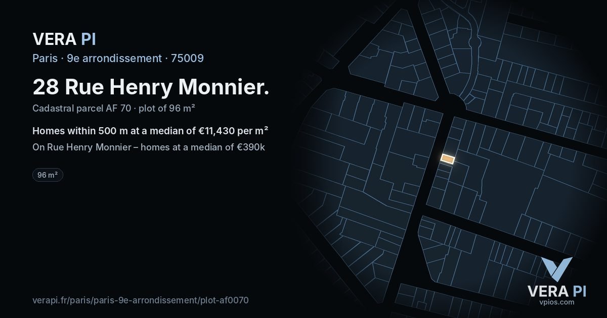 28 Rue Henry Monnier, 9e arrondissement at night – the plot lit, the parcels around coloured by the prices near them