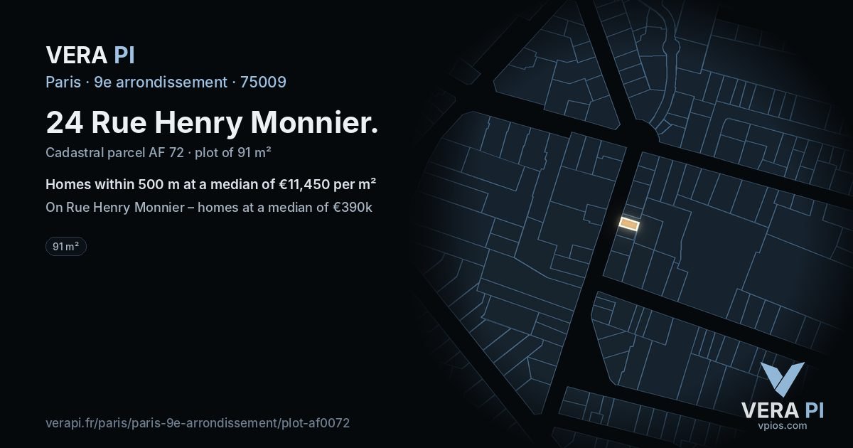 24 Rue Henry Monnier, 9e arrondissement at night – the plot lit, the parcels around coloured by the prices near them