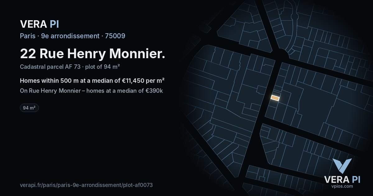 22 Rue Henry Monnier, 9e arrondissement at night – the plot lit, the parcels around coloured by the prices near them