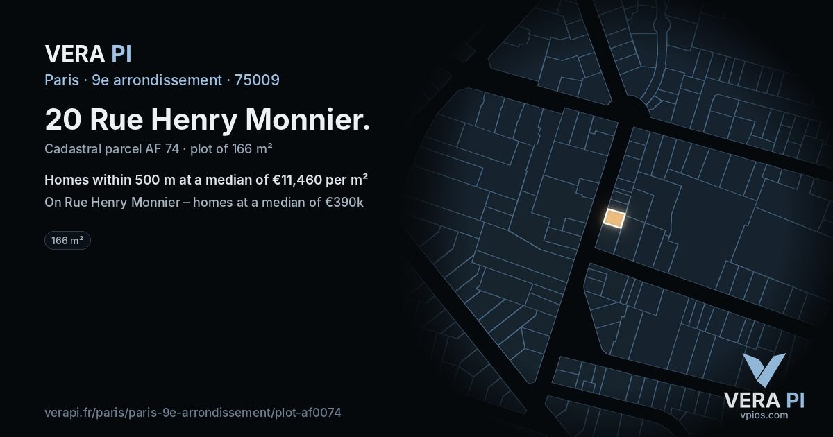 20 Rue Henry Monnier, 9e arrondissement at night – the plot lit, the parcels around coloured by the prices near them