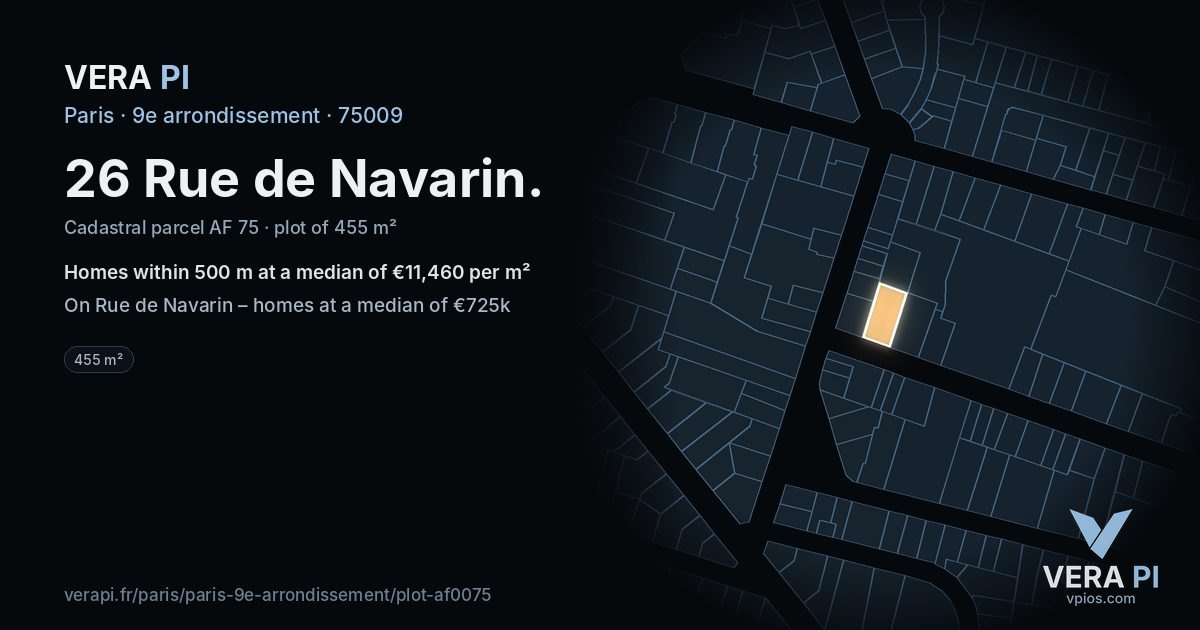26 Rue de Navarin, 9e arrondissement at night – the plot lit, the parcels around coloured by the prices near them