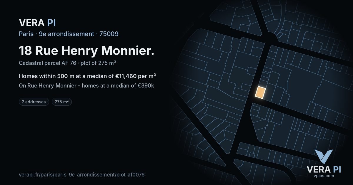 18 Rue Henry Monnier, 9e arrondissement at night – the plot lit, the parcels around coloured by the prices near them