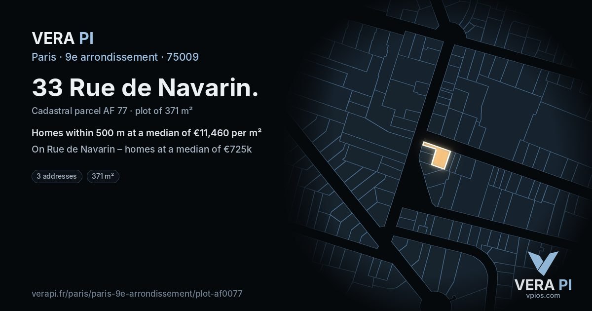 33 Rue de Navarin, 9e arrondissement at night – the plot lit, the parcels around coloured by the prices near them