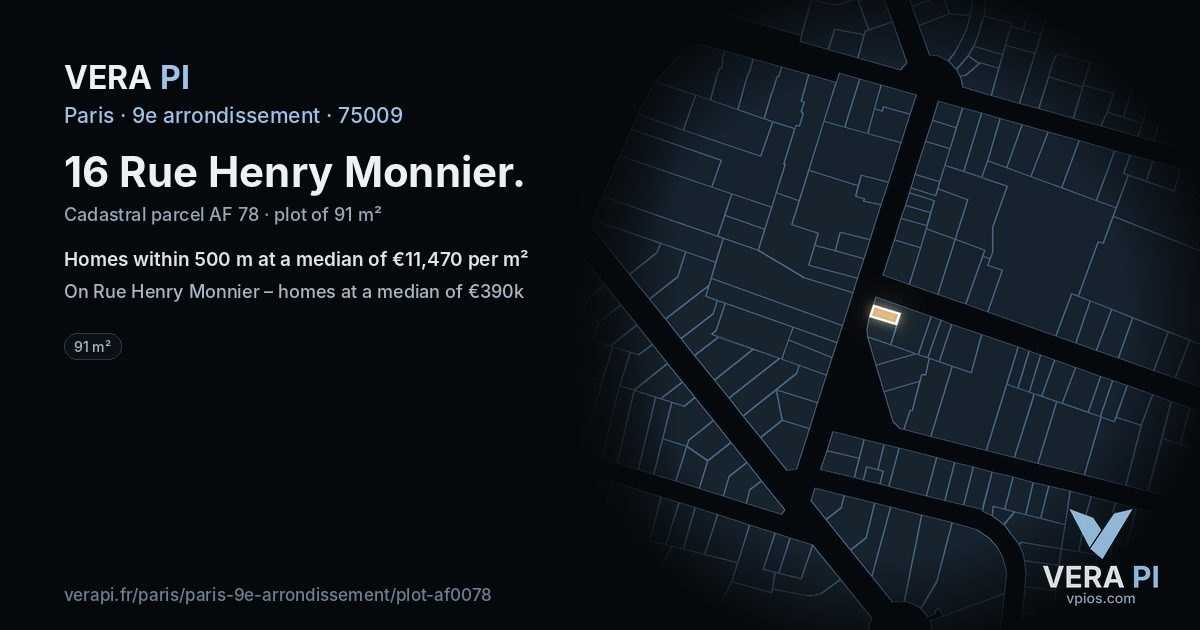 16 Rue Henry Monnier, 9e arrondissement at night – the plot lit, the parcels around coloured by the prices near them