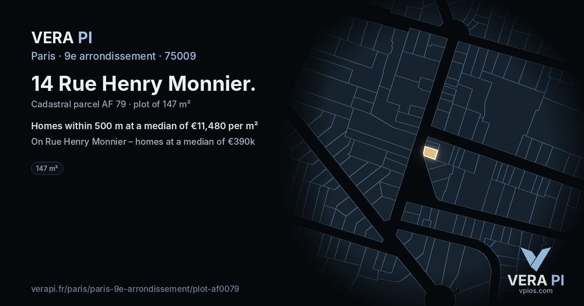 14 Rue Henry Monnier, 9e arrondissement at night – the plot lit, the parcels around coloured by the prices near them
