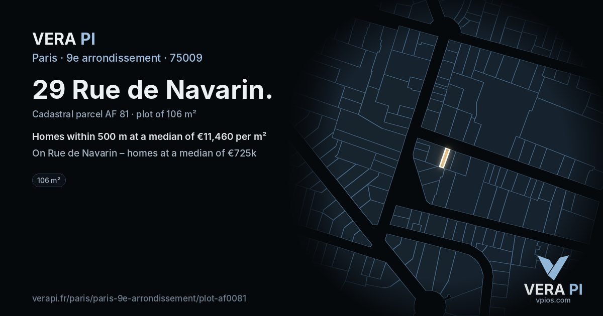 29 Rue de Navarin, 9e arrondissement at night – the plot lit, the parcels around coloured by the prices near them
