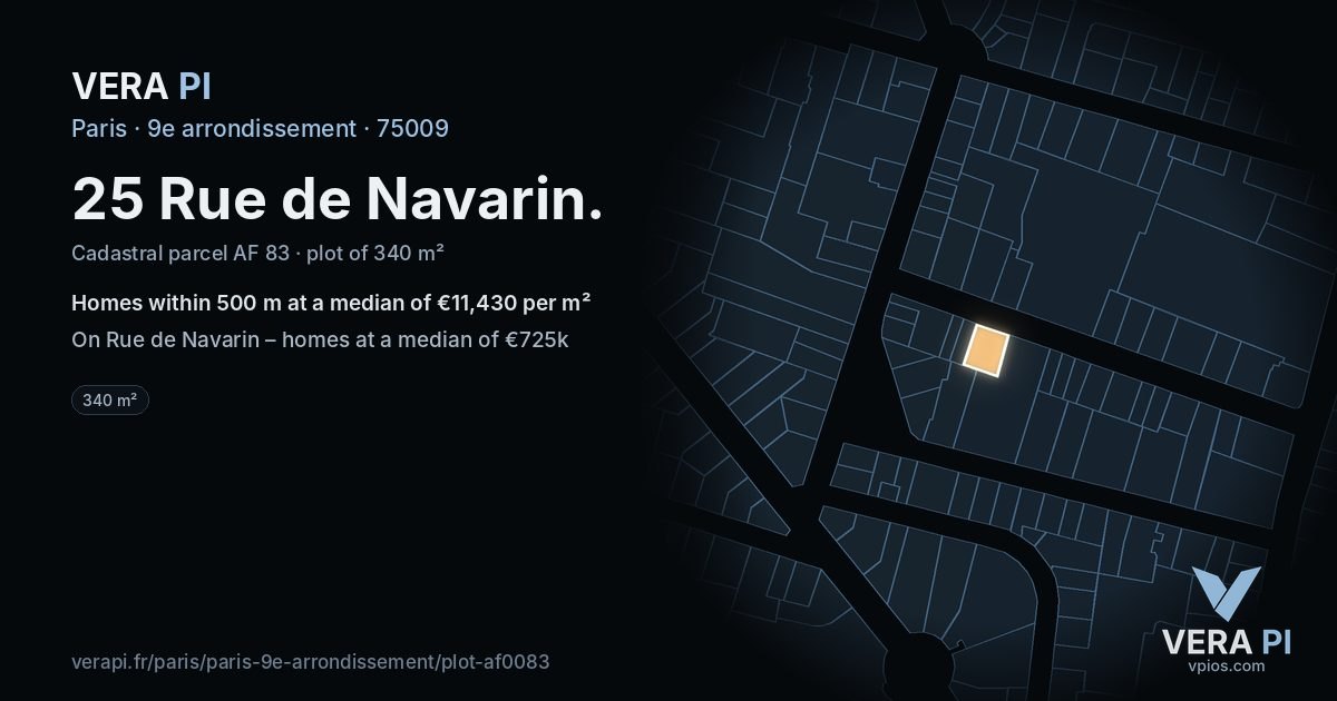25 Rue de Navarin, 9e arrondissement at night – the plot lit, the parcels around coloured by the prices near them
