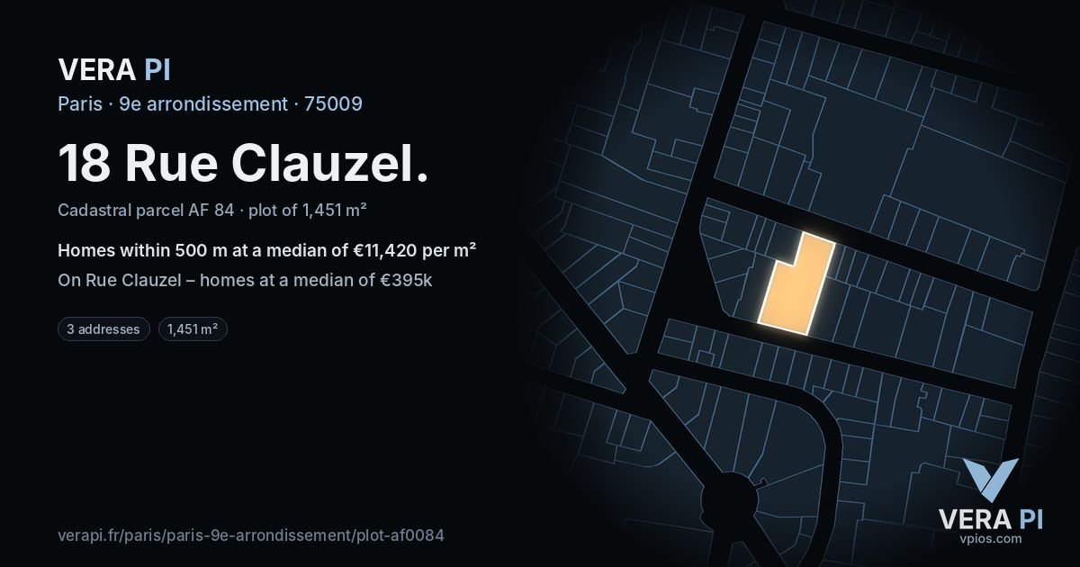 18 Rue Clauzel, 9e arrondissement at night – the plot lit, the parcels around coloured by the prices near them