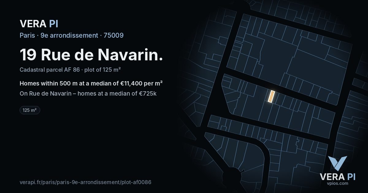 19 Rue de Navarin, 9e arrondissement at night – the plot lit, the parcels around coloured by the prices near them