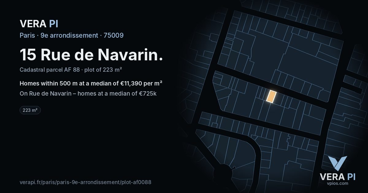 15 Rue de Navarin, 9e arrondissement at night – the plot lit, the parcels around coloured by the prices near them