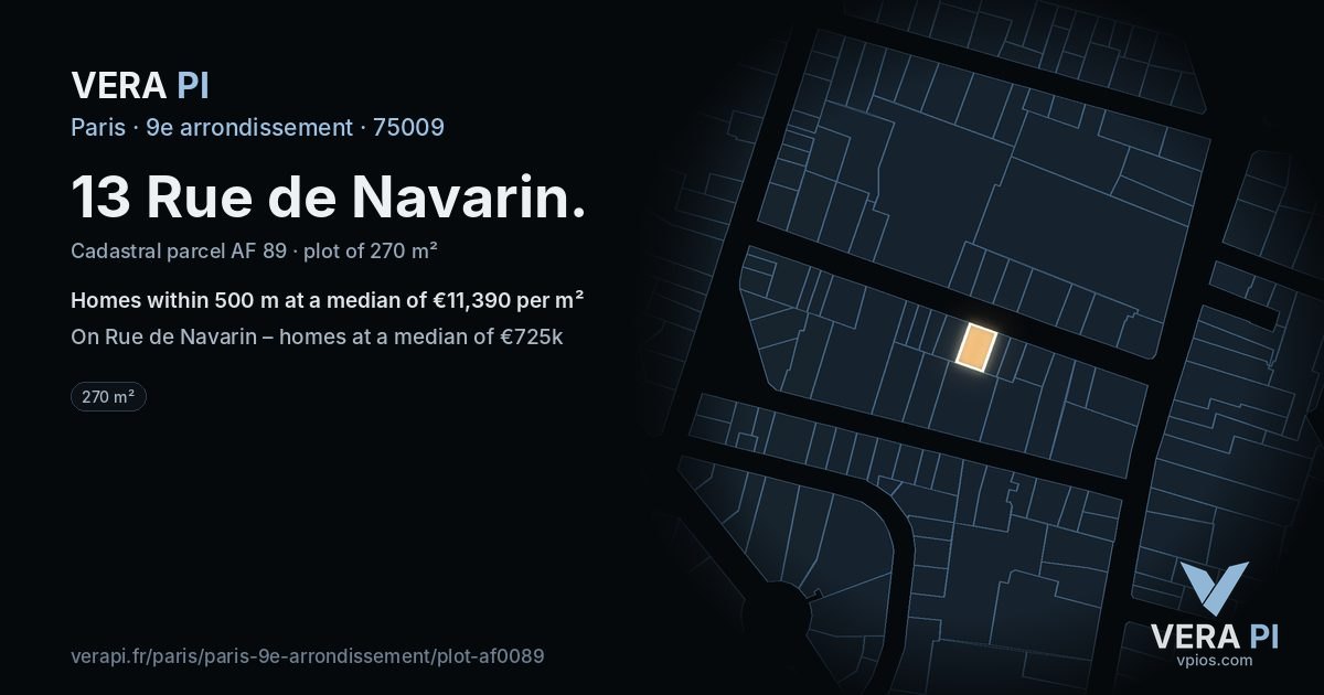 13 Rue de Navarin, 9e arrondissement at night – the plot lit, the parcels around coloured by the prices near them