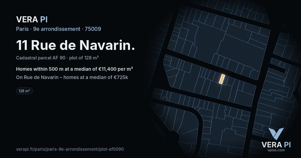 11 Rue de Navarin, 9e arrondissement at night – the plot lit, the parcels around coloured by the prices near them