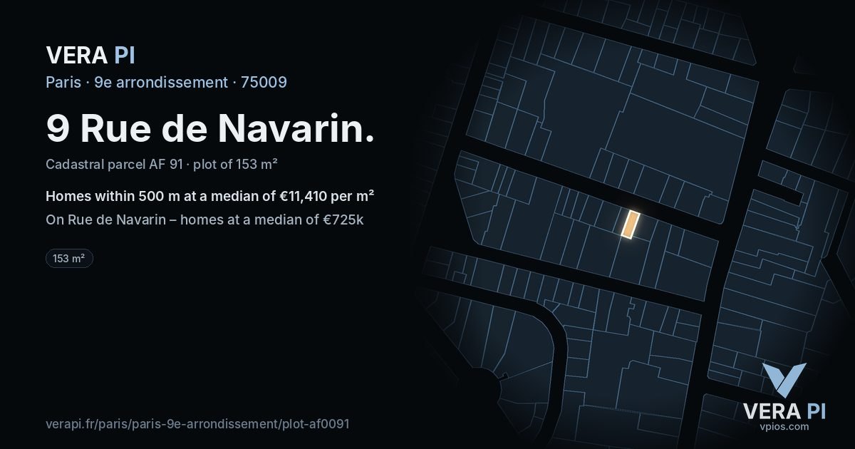 9 Rue de Navarin, 9e arrondissement at night – the plot lit, the parcels around coloured by the prices near them