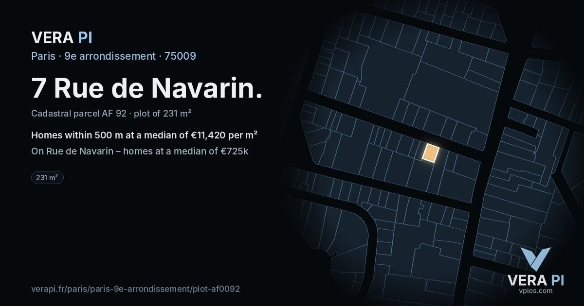 7 Rue de Navarin, 9e arrondissement at night – the plot lit, the parcels around coloured by the prices near them