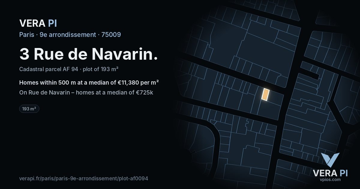 3 Rue de Navarin, 9e arrondissement at night – the plot lit, the parcels around coloured by the prices near them