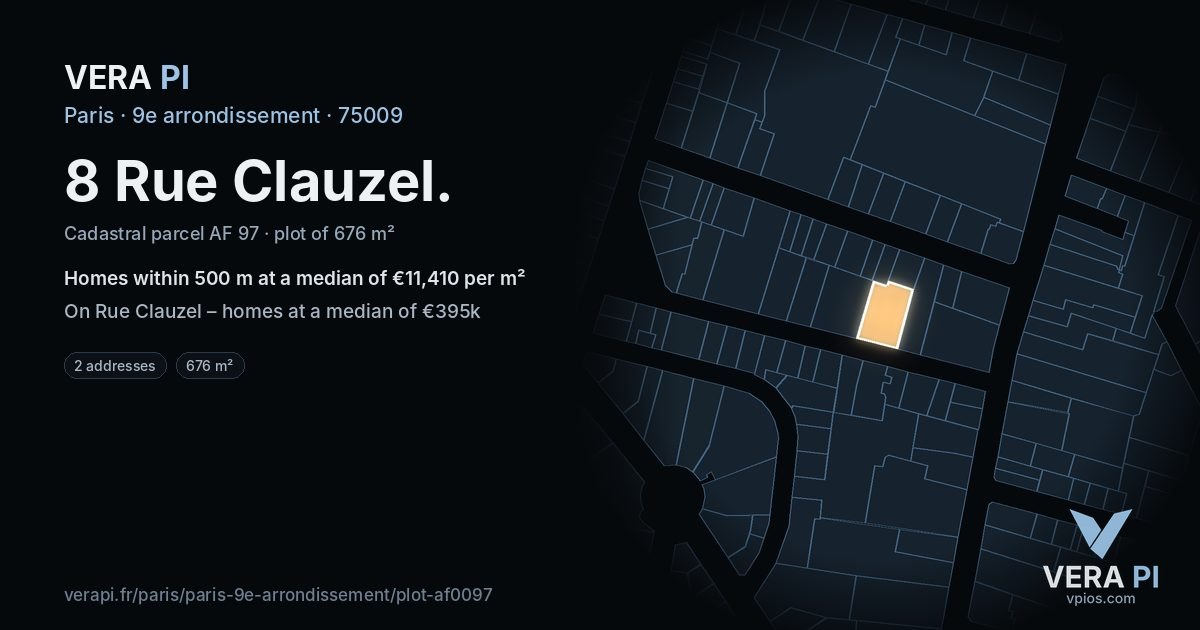 8 Rue Clauzel, 9e arrondissement at night – the plot lit, the parcels around coloured by the prices near them