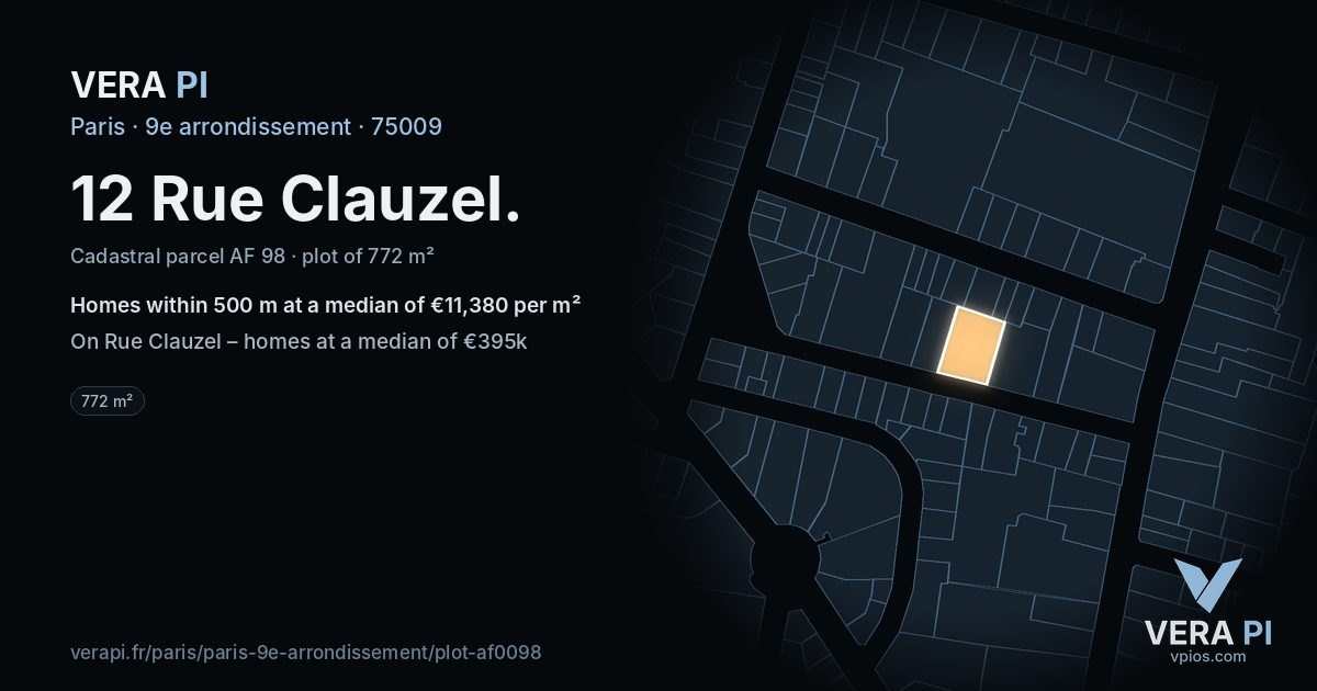 12 Rue Clauzel, 9e arrondissement at night – the plot lit, the parcels around coloured by the prices near them