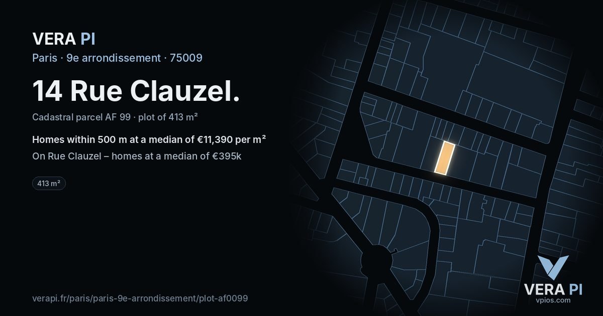14 Rue Clauzel, 9e arrondissement at night – the plot lit, the parcels around coloured by the prices near them