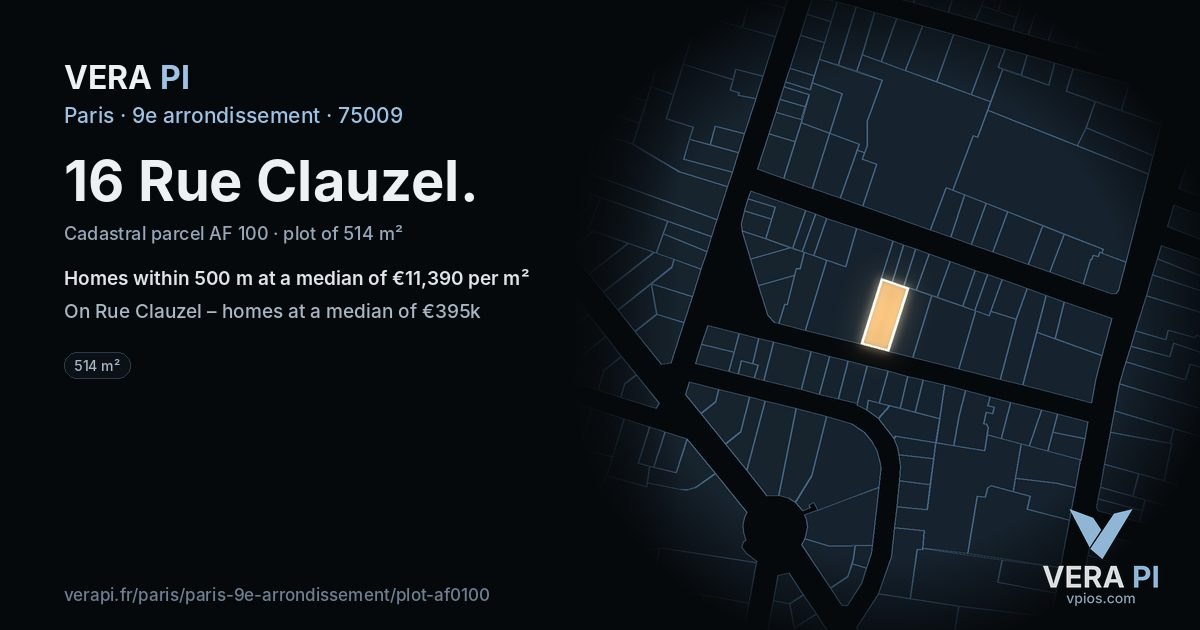 16 Rue Clauzel, 9e arrondissement at night – the plot lit, the parcels around coloured by the prices near them